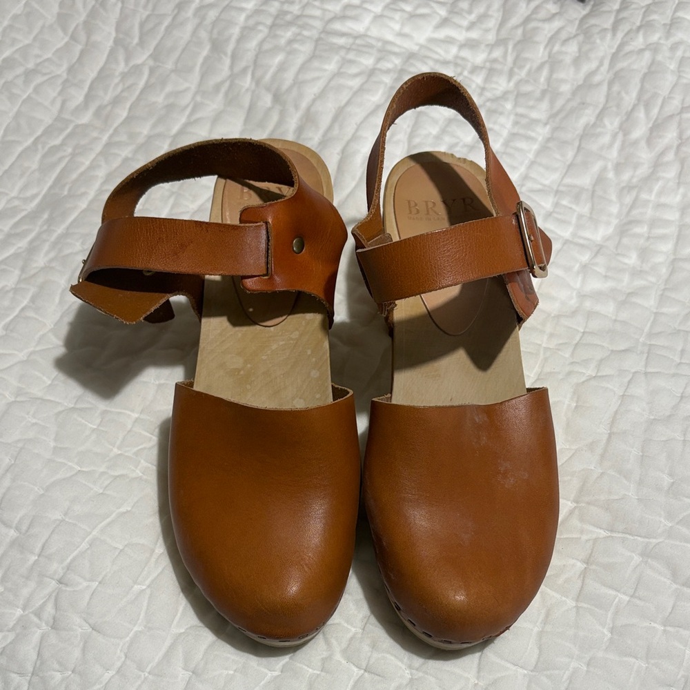 Bryr Tan Leather Clogs with Buckle Strap